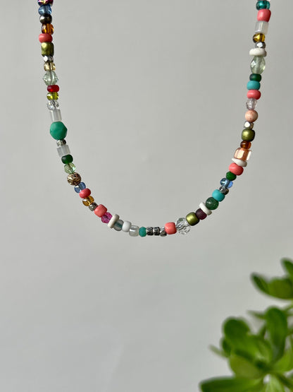 Boho Multi Color Beaded Necklace Sterling Silver Magnetic Clasp Eclectic Minimalist Design
