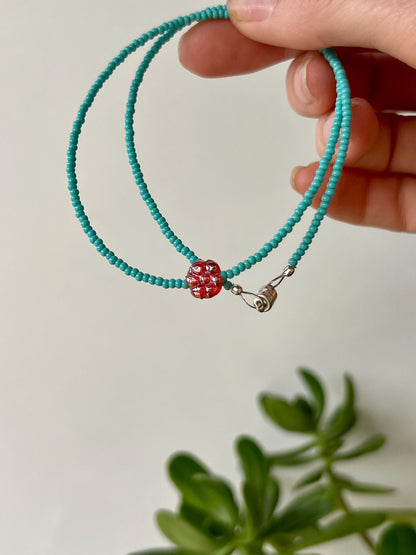 Teal Seed Bead Choker: Sterling Silver Boho Necklace with Red Flower