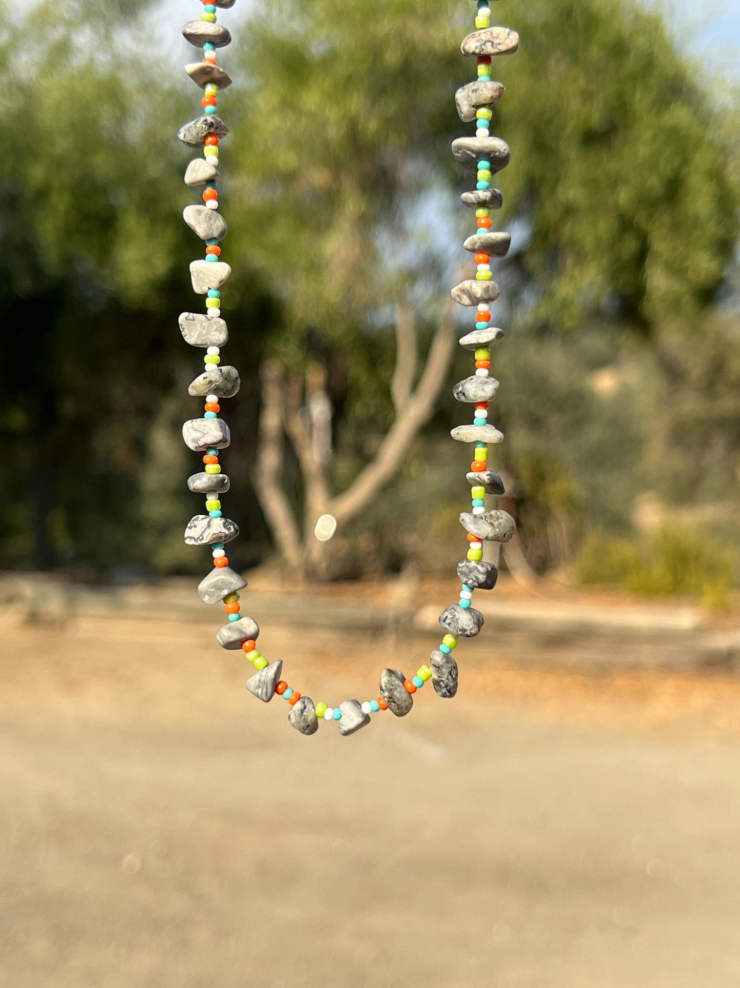 Stone Chip Bead Necklace, Sterling Silver Magnetic Clasp, Eclectic Boho Design