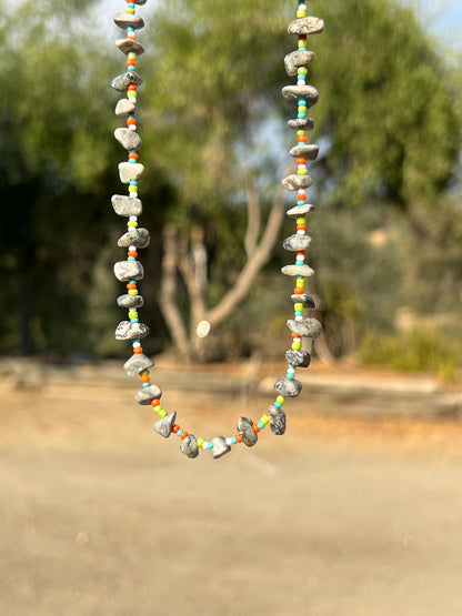Stone Chip Bead Necklace, Sterling Silver Magnetic Clasp, Eclectic Boho Design