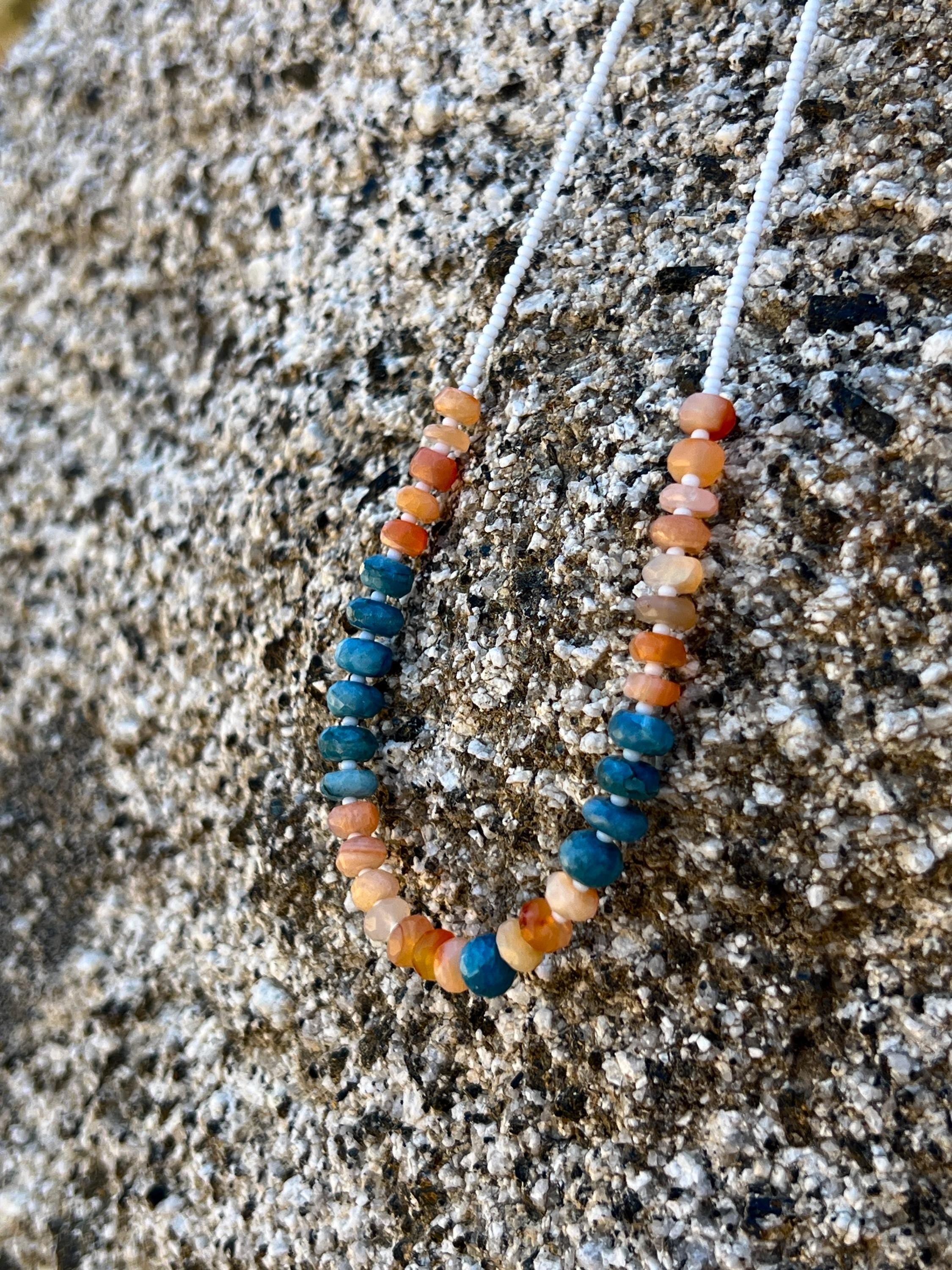 Carnelian & Apatite Gemstone Necklace, Sterling Silver Magnetic Closure, Bold Boho Eclectic Style