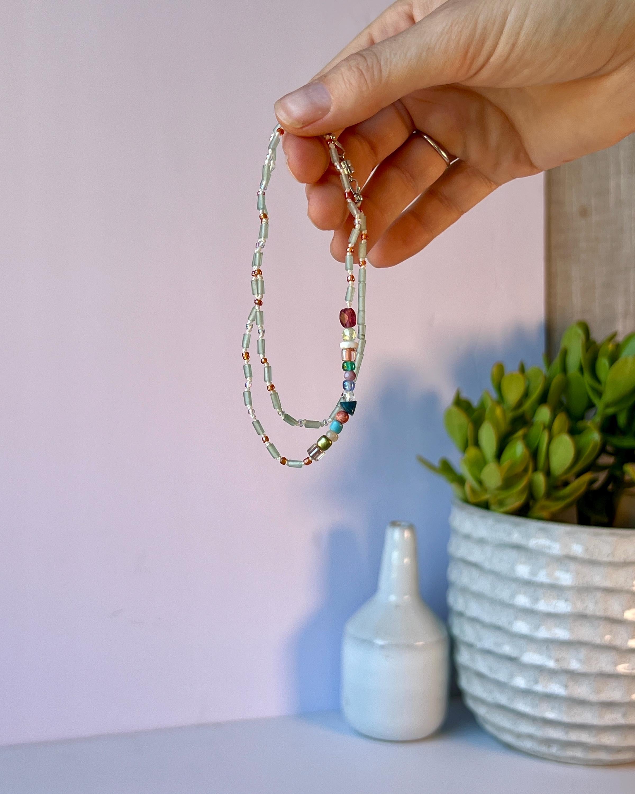 Hand Knotted Beaded Gemstone Necklace Sterling Silver Magnetic Closure Clasp Minimalist Boho Style Jewelry