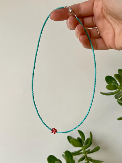 Teal Seed Bead Choker: Sterling Silver Boho Necklace with Red Flower