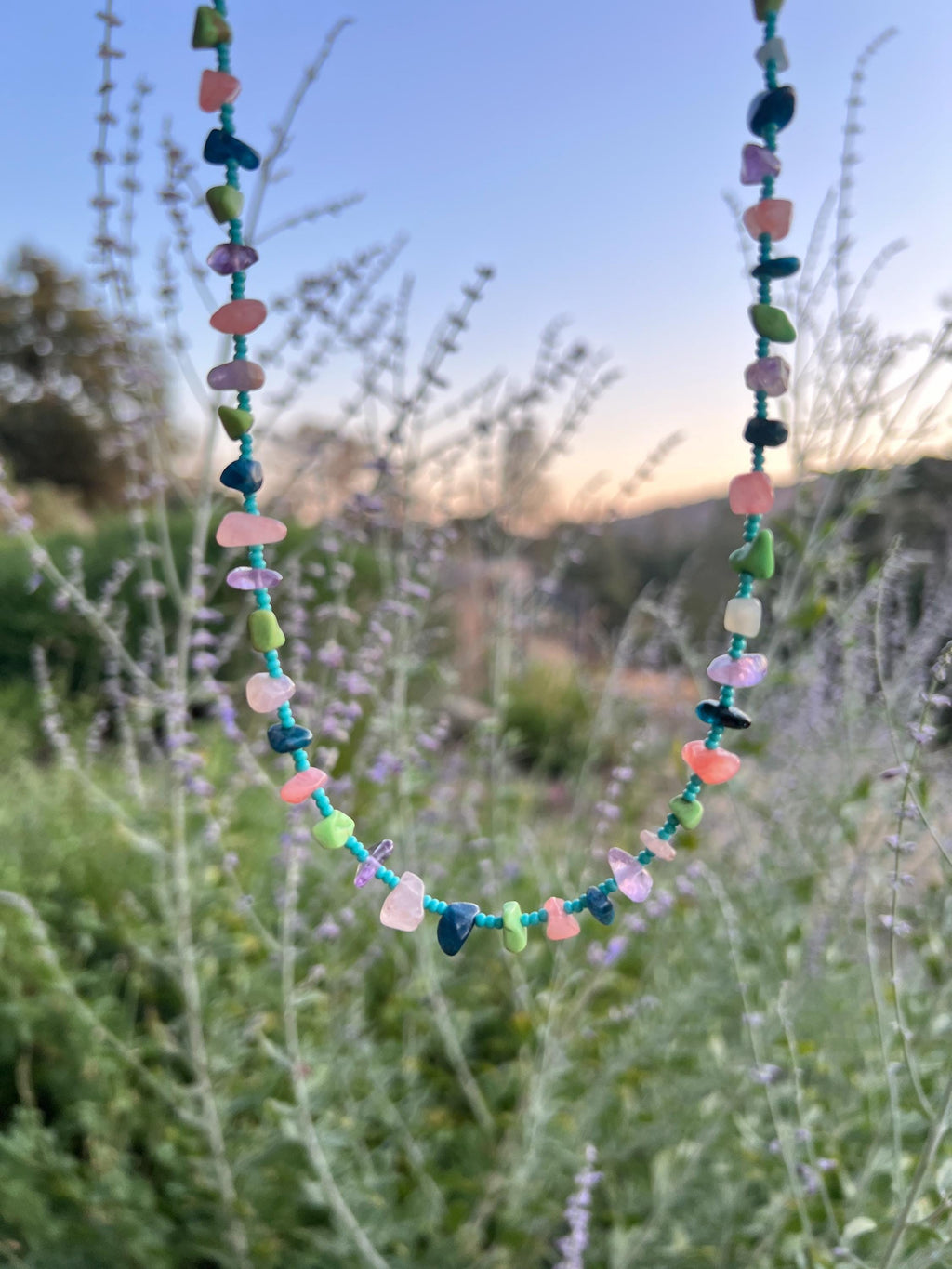 Colorful Chip Stone Beaded Choker Necklace Sterling Silver Magnetic Clasp Eclectic Design
