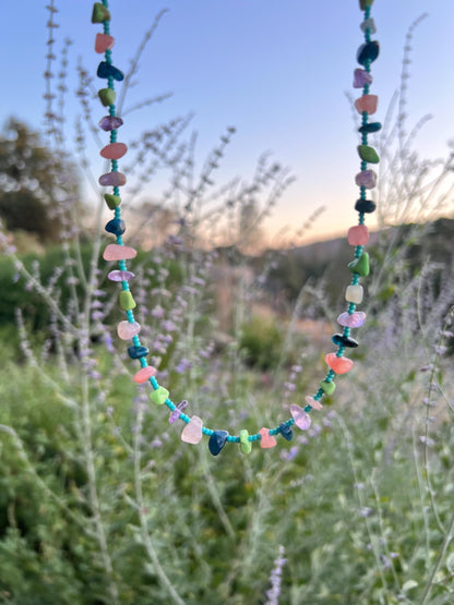 Colorful Chip Stone Beaded Choker Necklace Sterling Silver Magnetic Clasp Eclectic Design
