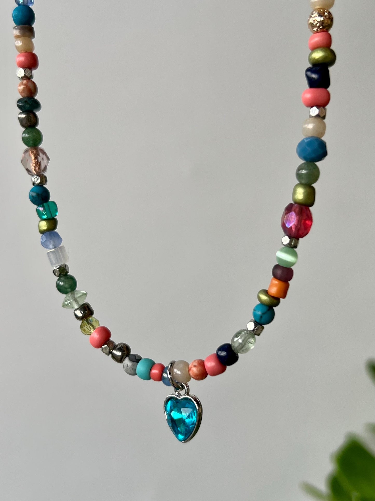 Boho Beaded Choker: Sterling Silver Blue Heart Pendant