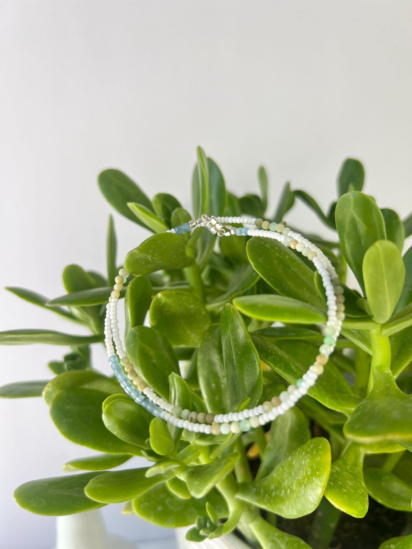 Delicate Gemstone and Seed Bead Choker Sterling Silver Magnetic Closure Necklace Minimalist Boho Style