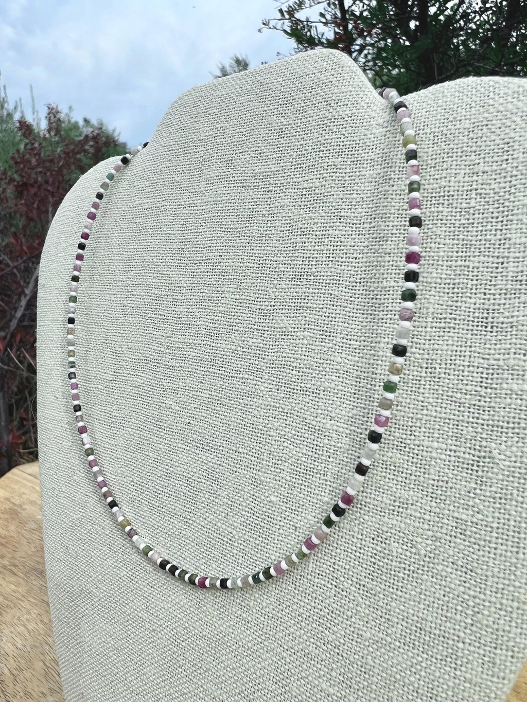 Dainty Tourmaline & Seed Bead Gemstone Necklace, Sterling Silver Magnetic Closure Clasp, Handcrafted Fine Jewelry Gift