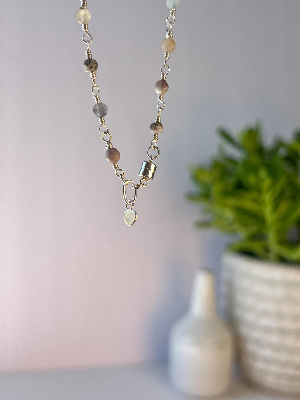 Rose Quartz, Jade, Apatite & Sterling Silver Link Necklace
