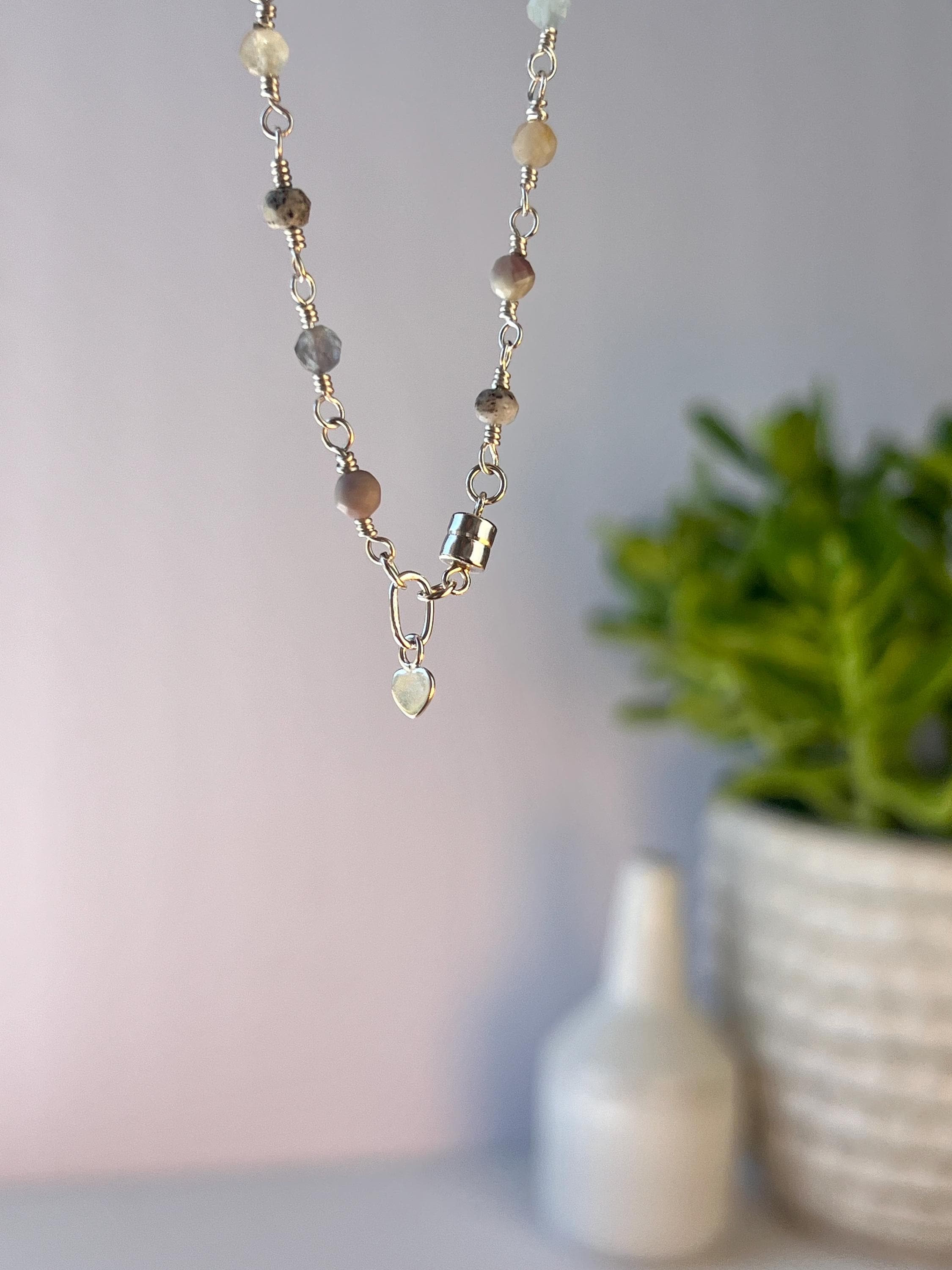 Rose Quartz, Jade, Apatite & Sterling Silver Link Necklace