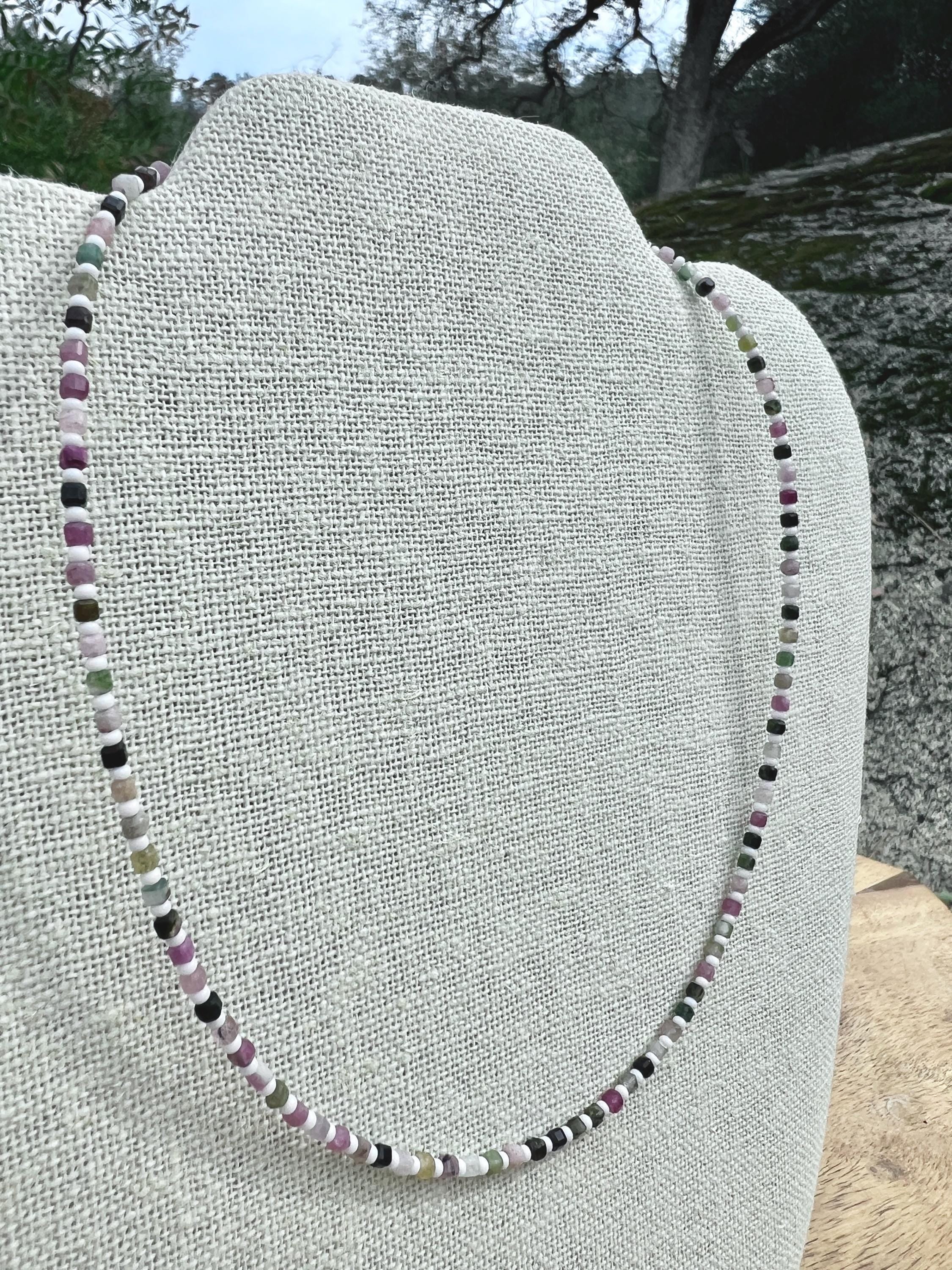 Dainty Tourmaline & Seed Bead Gemstone Necklace, Sterling Silver Magnetic Closure Clasp, Handcrafted Fine Jewelry Gift