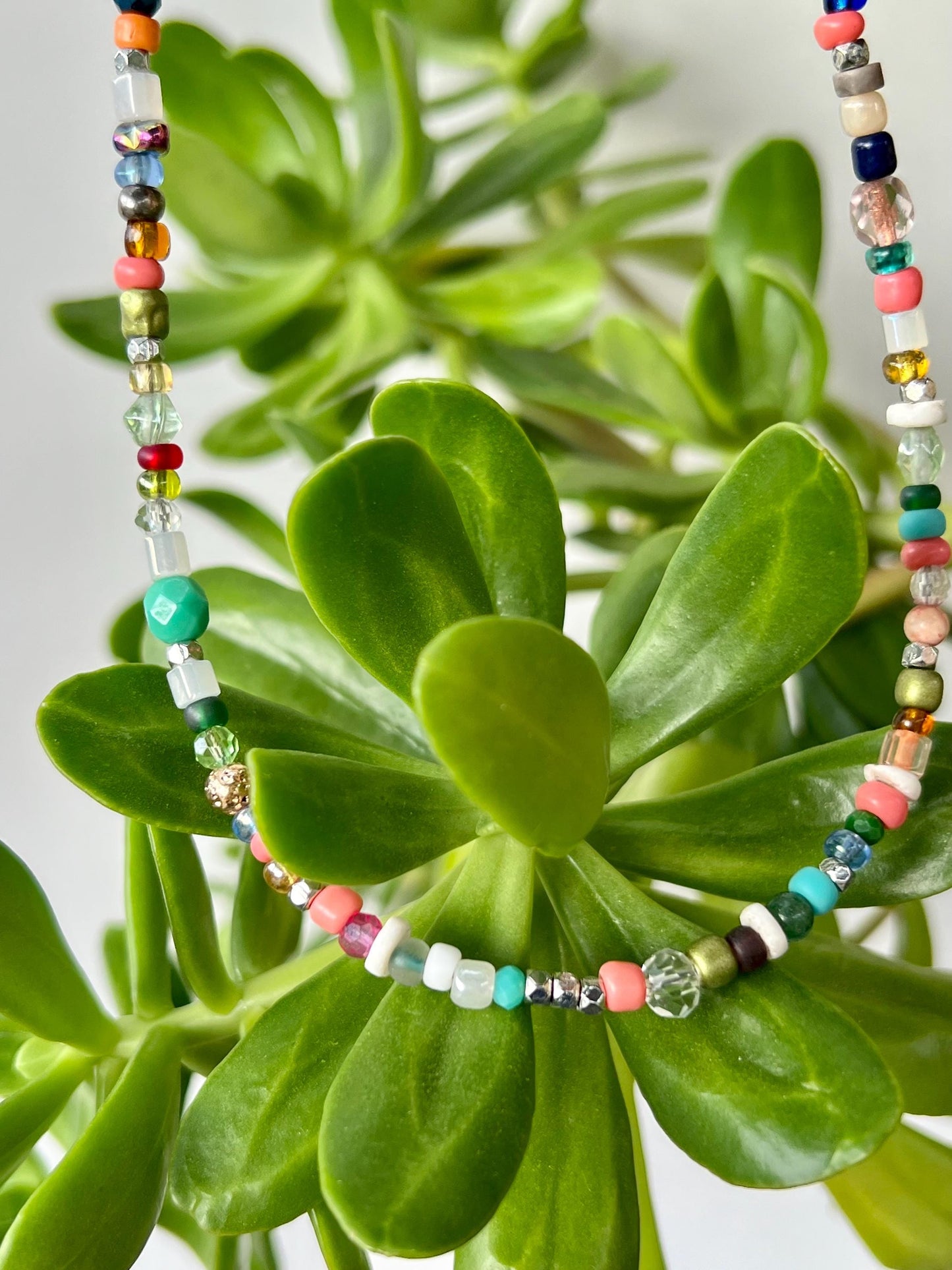 Boho Multi Color Beaded Necklace Sterling Silver Magnetic Clasp Eclectic Minimalist Design