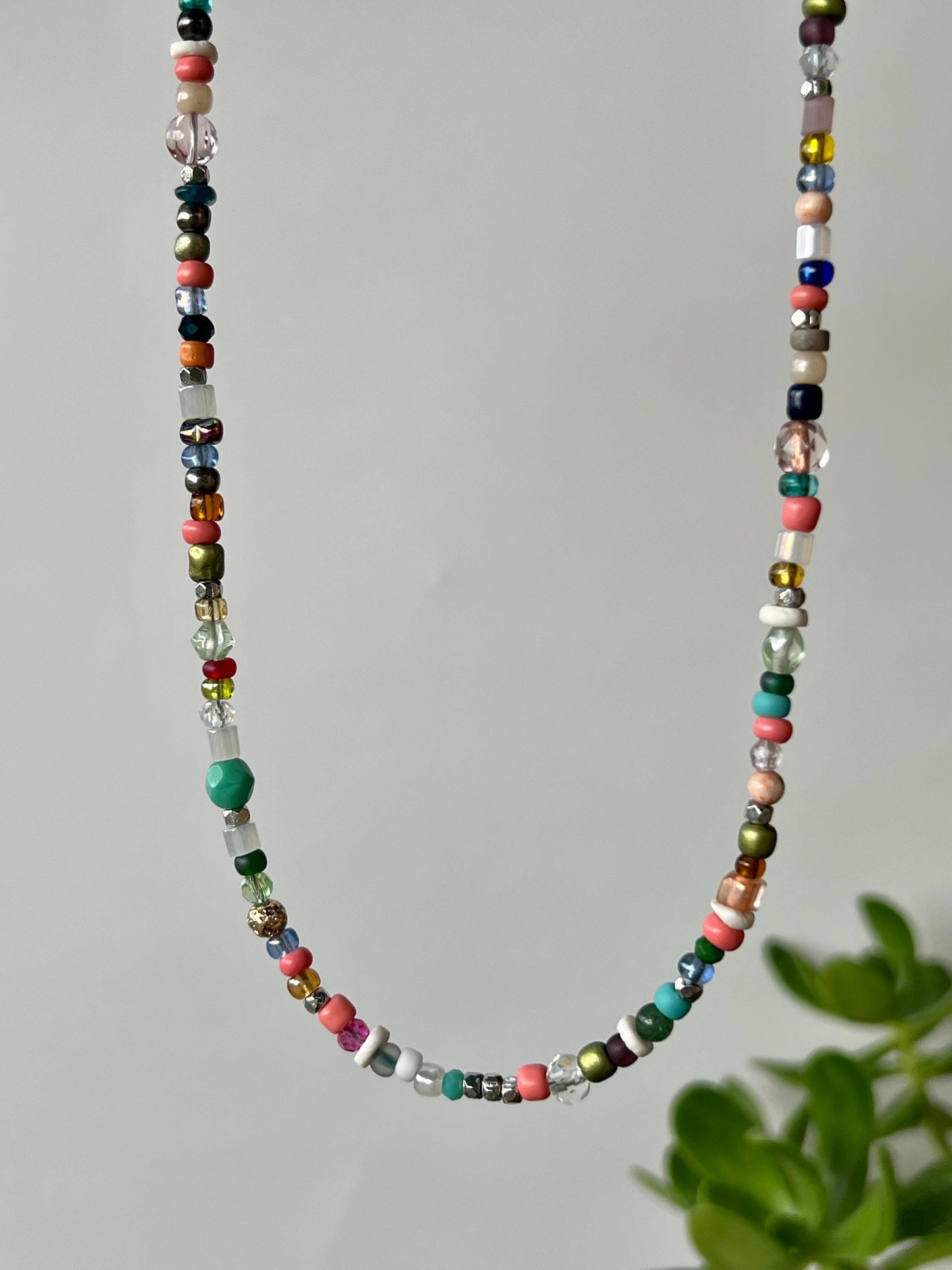 Boho Multi Color Beaded Necklace Sterling Silver Magnetic Clasp Eclectic Minimalist Design
