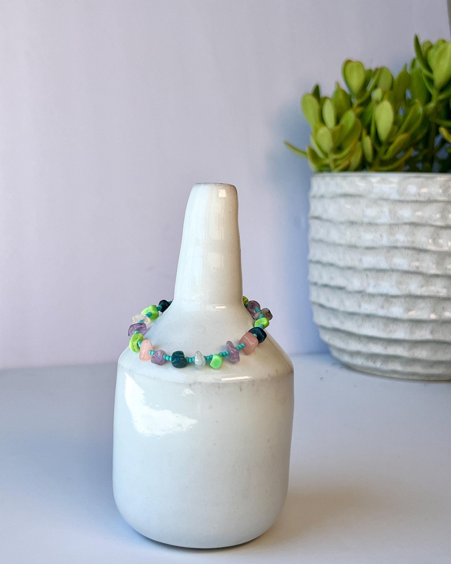 Colorful Chip Stone Beaded Bracelet Sterling Silver Magnetic Clasp Eclectic Design