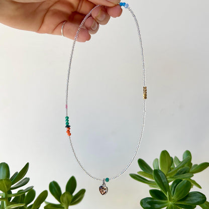 Seed Bead Heart Charm Necklace: Sterling Silver Magnetic Clasp, Boho Jewelry