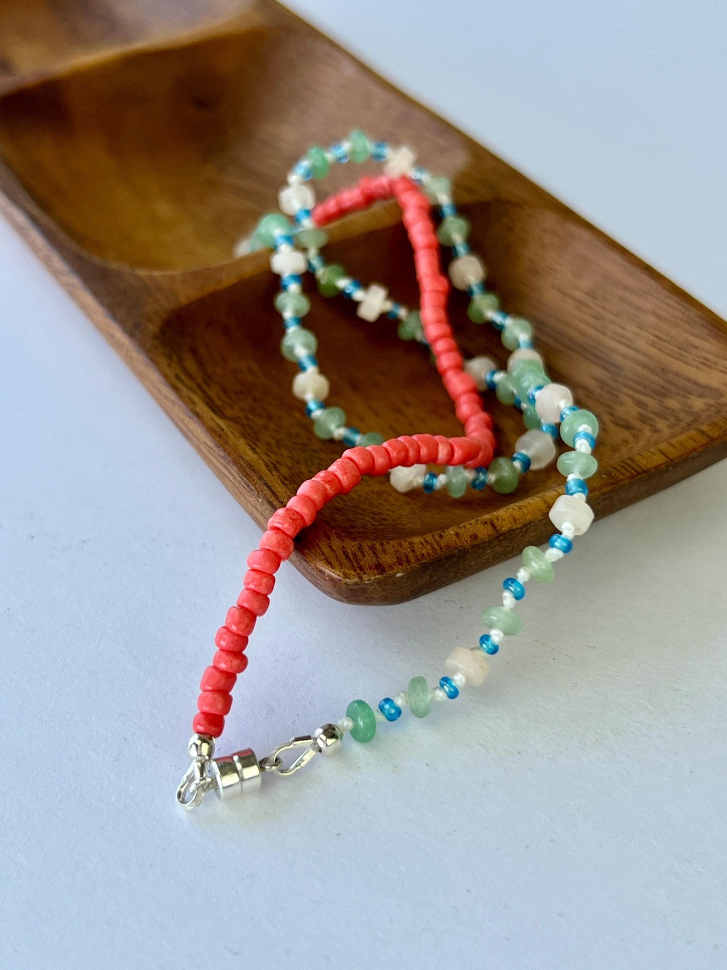 Hand Knotted Beaded Choker Necklace Sterling Silver Magnetic Closure Clasp Minimalist Boho Style Jewelry