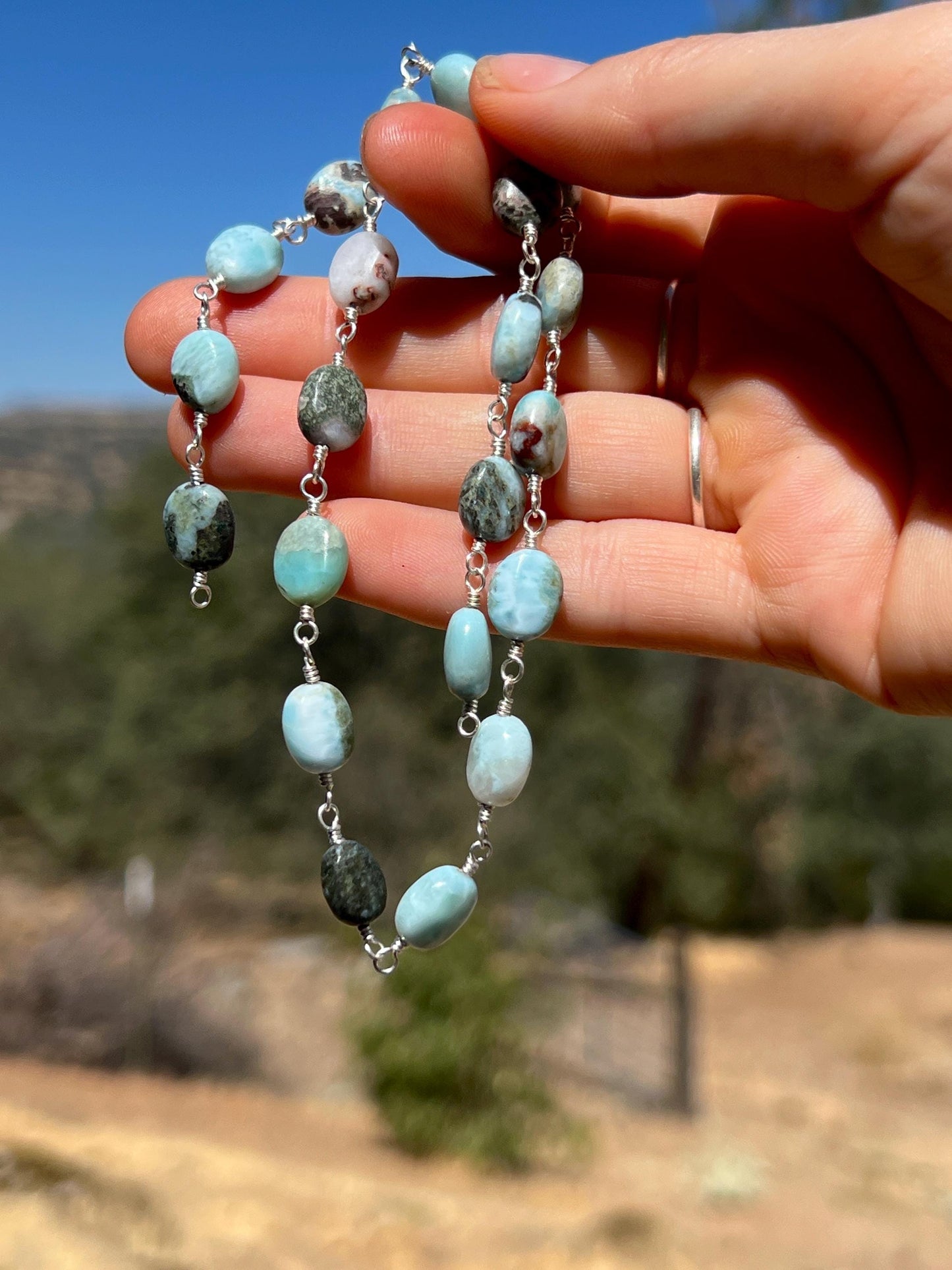 Larimar Gemstone & Sterling Silver Handcrafted Link Necklace, Magnetic Clasp Closure, Minimalist Boho Style Vibes