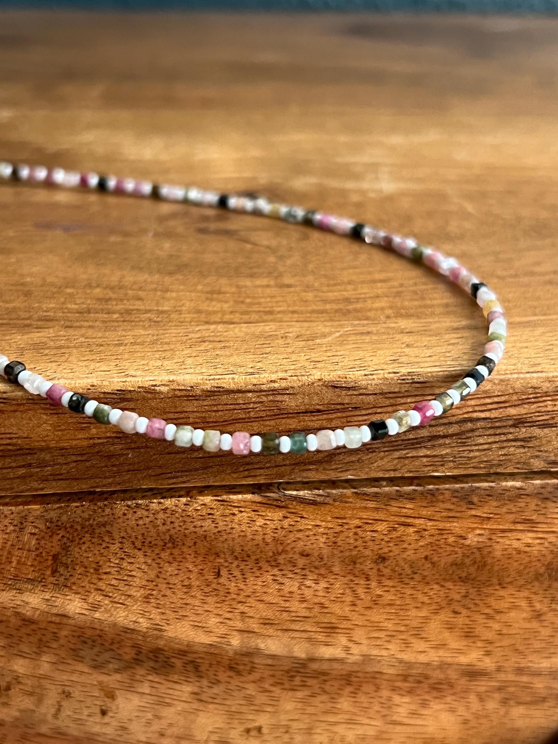 Dainty Tourmaline & Seed Bead Gemstone Necklace, Sterling Silver Magnetic Closure Clasp, Handcrafted Fine Jewelry Gift