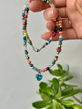 Boho Beaded Choker: Sterling Silver Blue Heart Pendant