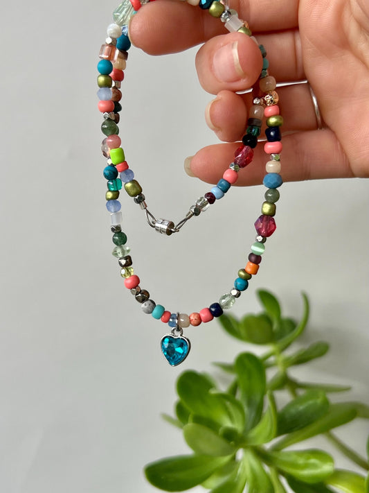 Boho Beaded Choker: Sterling Silver Blue Heart Pendant