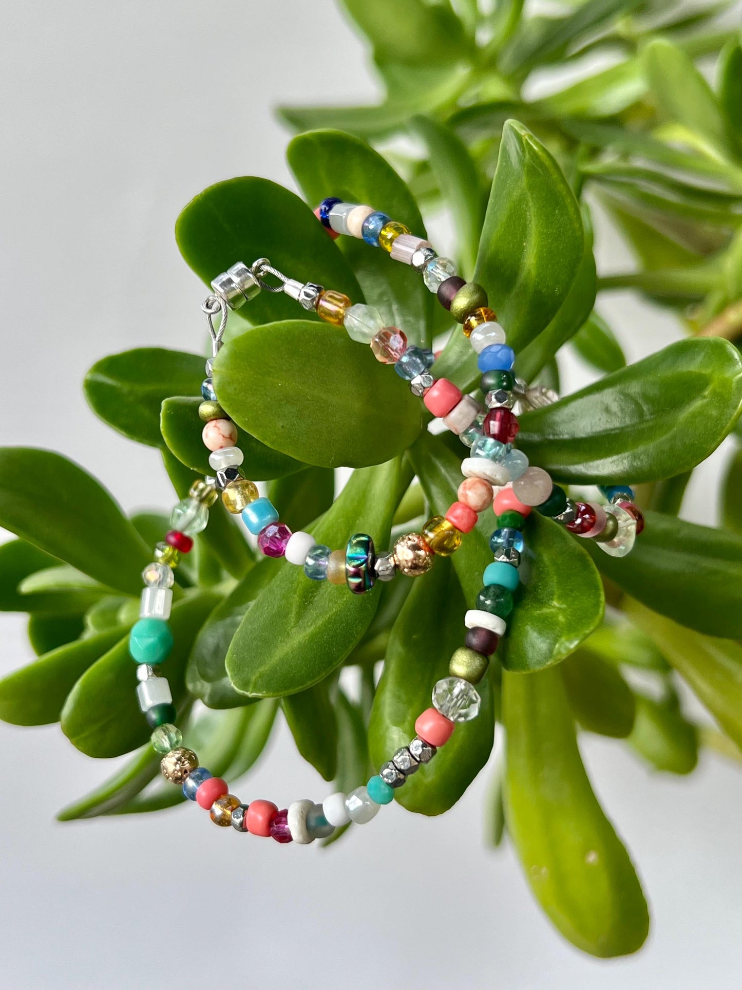 Boho Multi Color Beaded Necklace Sterling Silver Magnetic Clasp Eclectic Minimalist Design