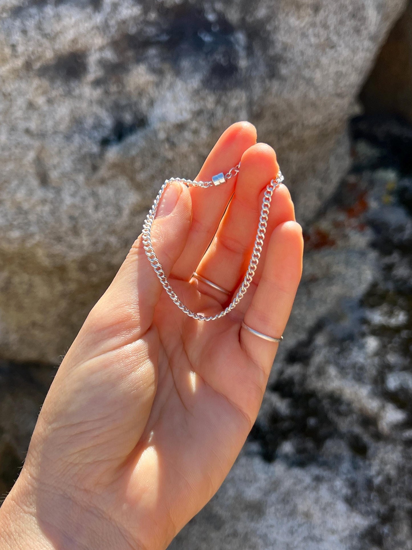 Sterling Silver Curb Link Bracelet Magnetic Clasp 3.15mm Chain Unisex Minimalist Jewelry