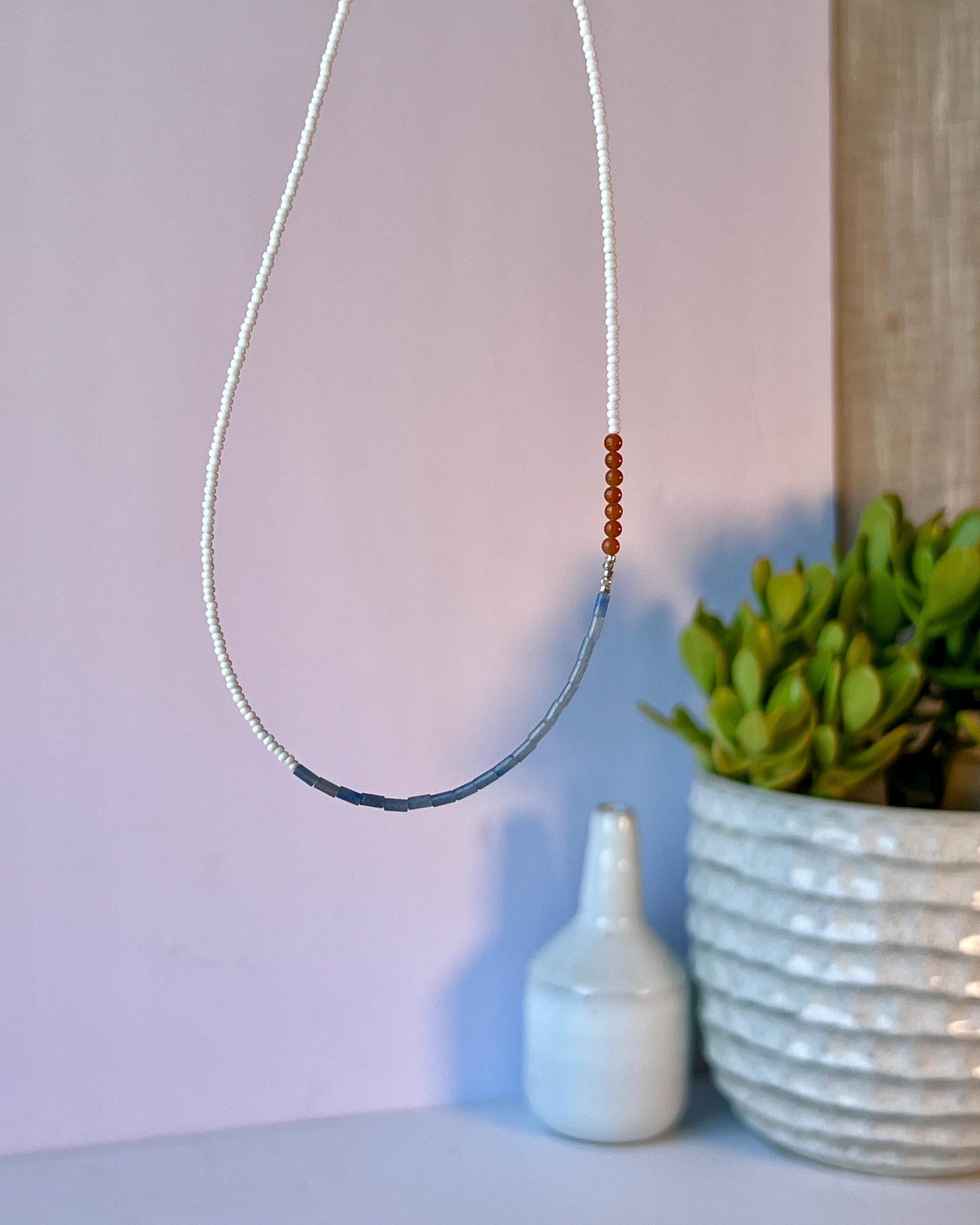 Delicate Gemstone and Seed Bead Choker Sterling Silver Magnetic Closure Necklace Minimalist Boho Style
