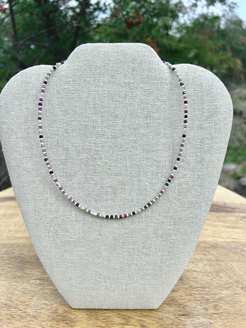 Dainty Tourmaline & Seed Bead Gemstone Necklace, Sterling Silver Magnetic Closure Clasp, Handcrafted Fine Jewelry Gift