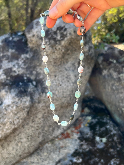 Larimar Gemstone & Sterling Silver Handcrafted Link Necklace, Magnetic Clasp Closure, Minimalist Boho Style Vibes