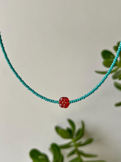 Teal Seed Bead Choker: Sterling Silver Boho Necklace with Red Flower