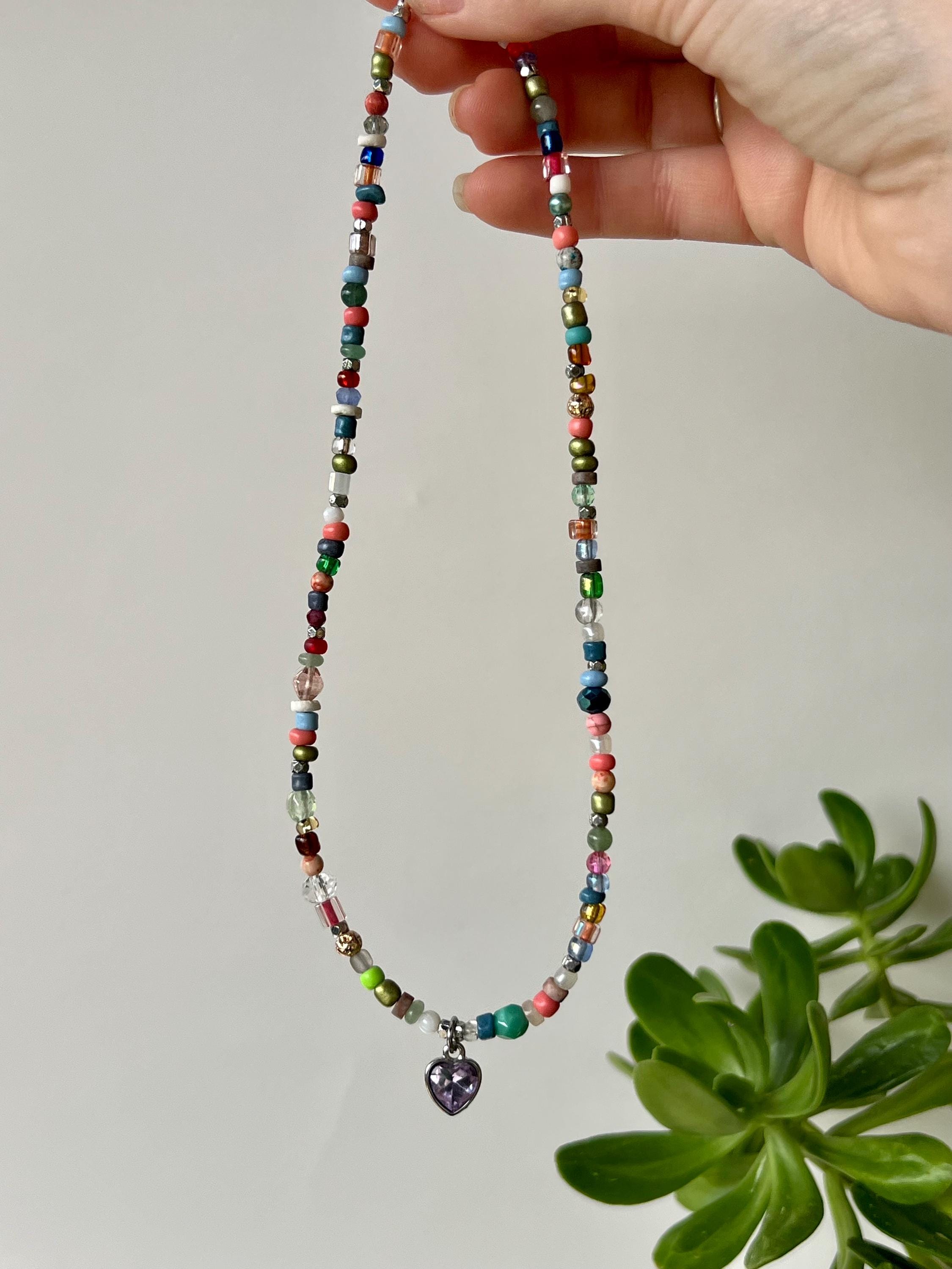 Beaded Choker Necklace, Lavender Heart Charm, Sterling Silver Magnetic Clasp