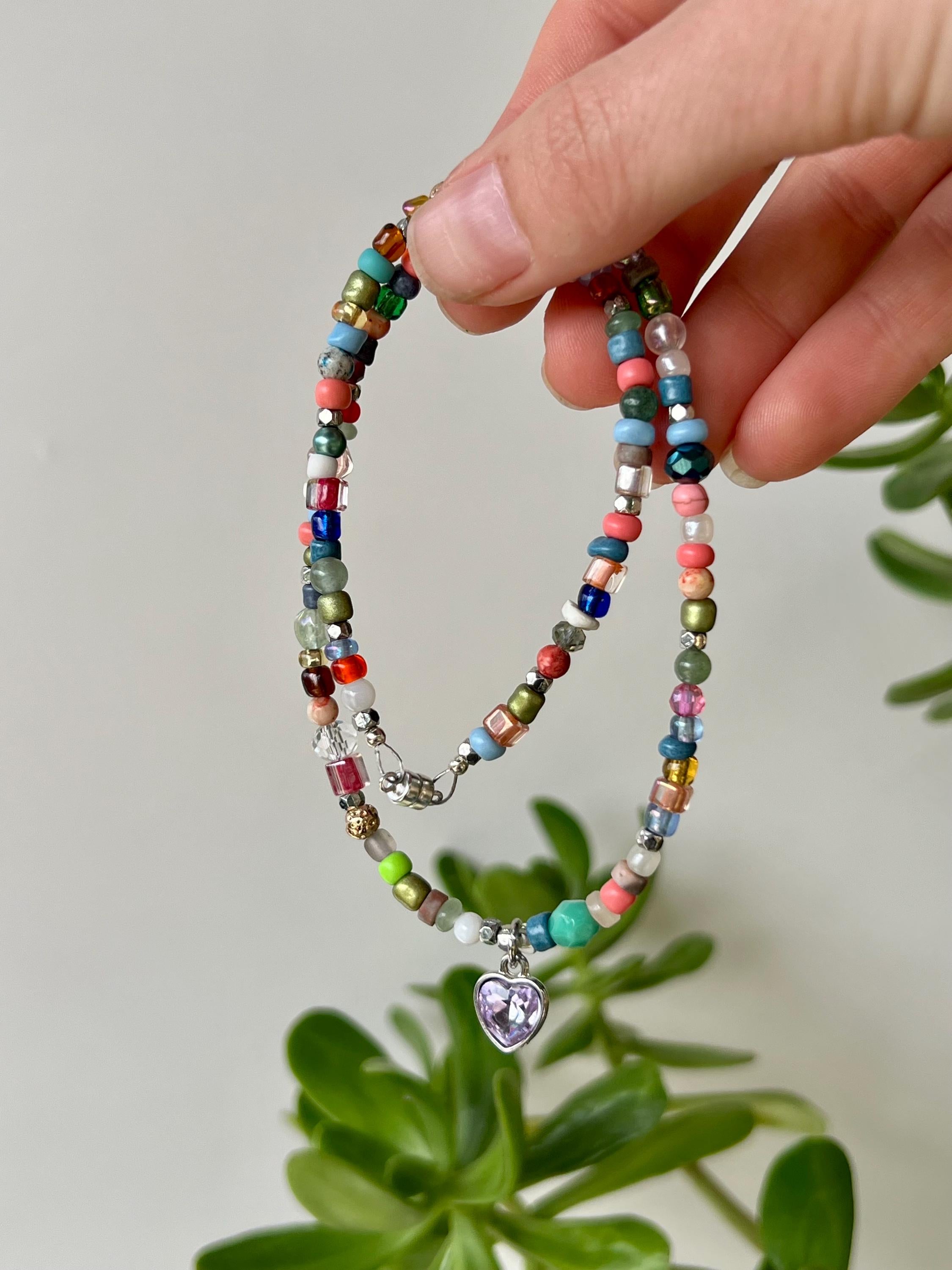 Beaded Choker Necklace, Lavender Heart Charm, Sterling Silver Magnetic Clasp