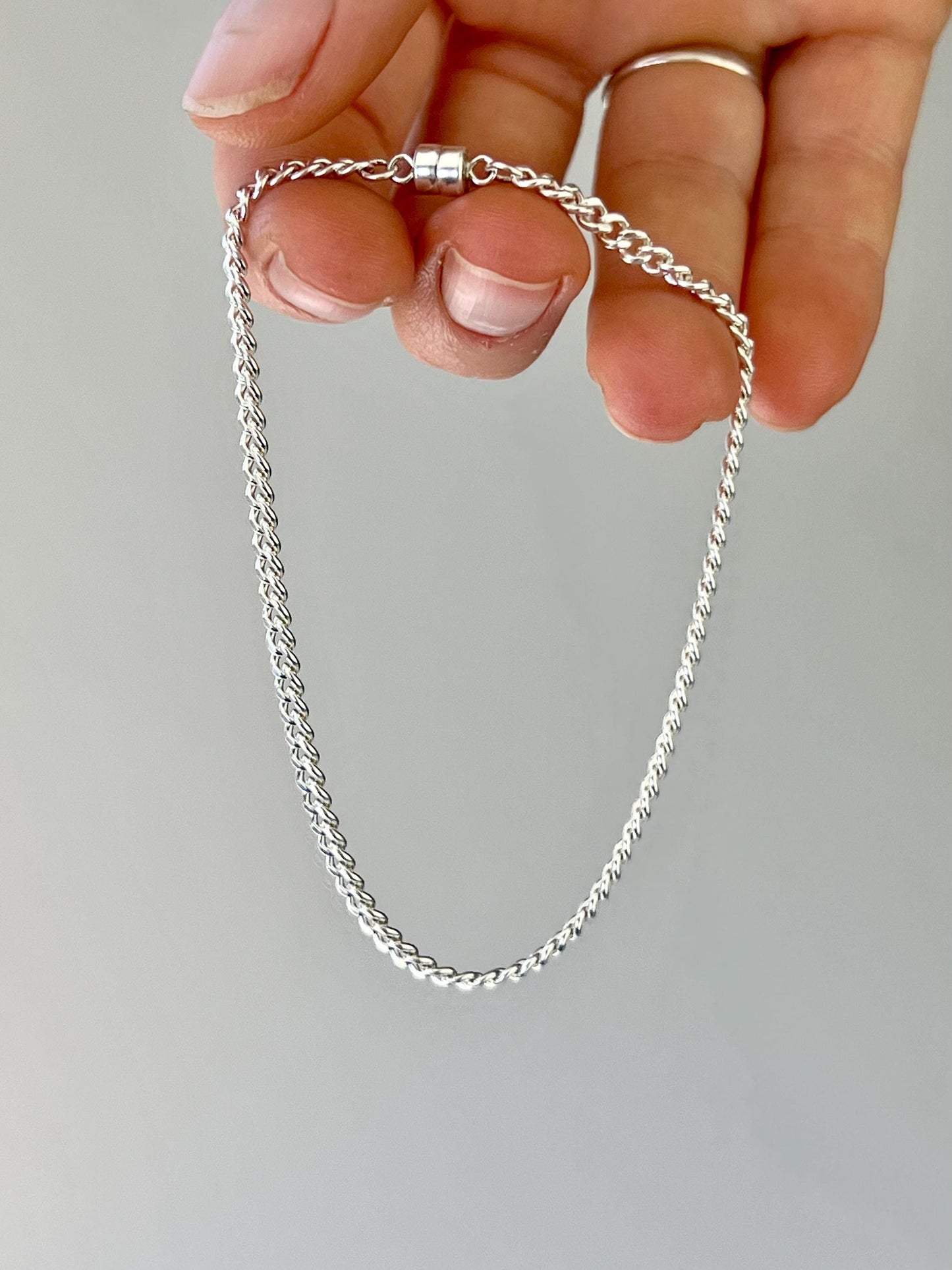 Sterling Silver Curb Link Bracelet Magnetic Clasp 3.15mm Chain Unisex Minimalist Jewelry