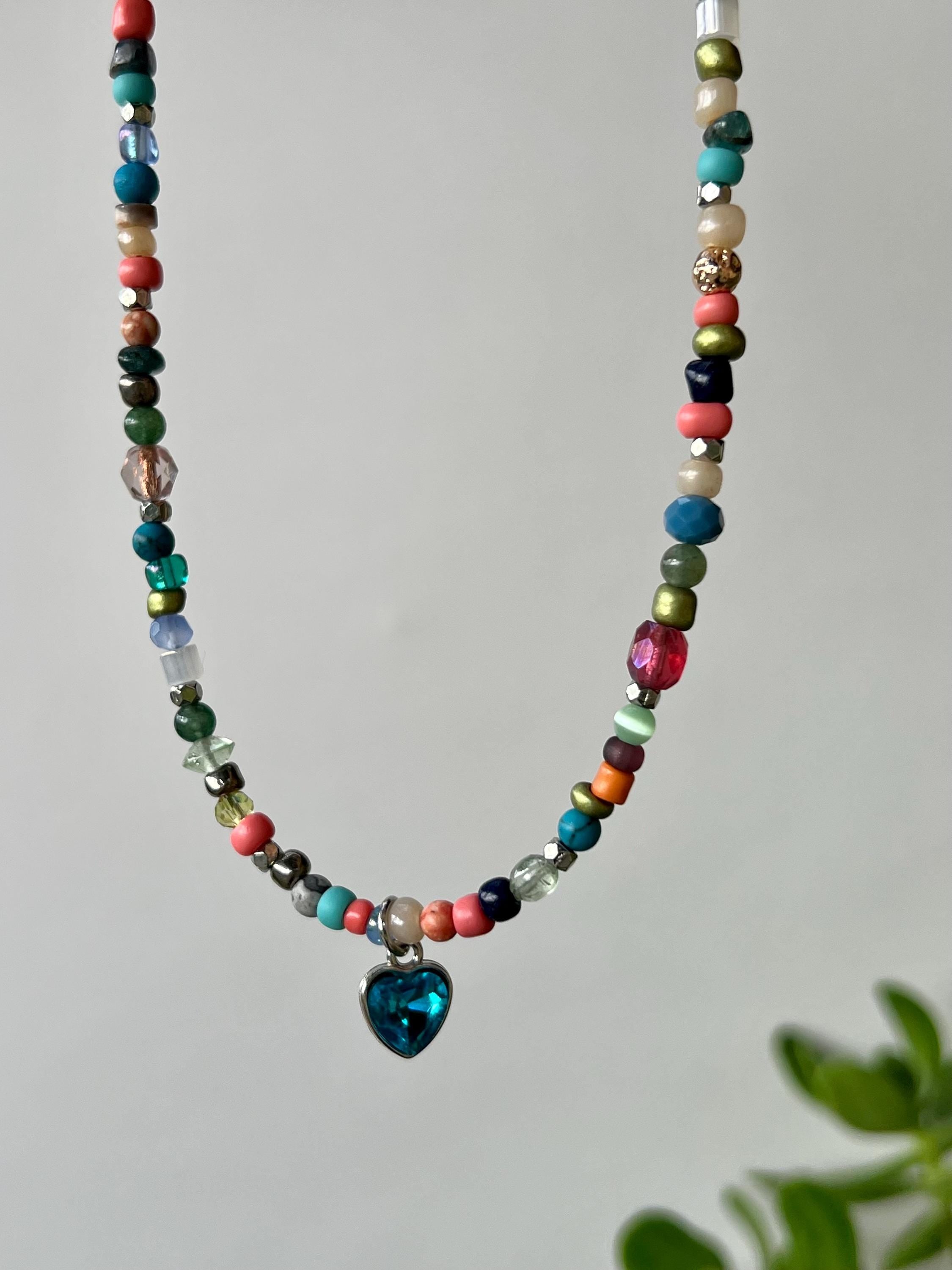 Boho Beaded Choker: Sterling Silver Blue Heart Pendant