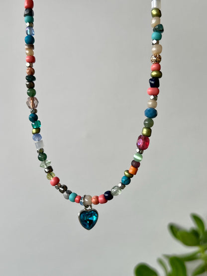 Boho Beaded Choker: Sterling Silver Blue Heart Pendant
