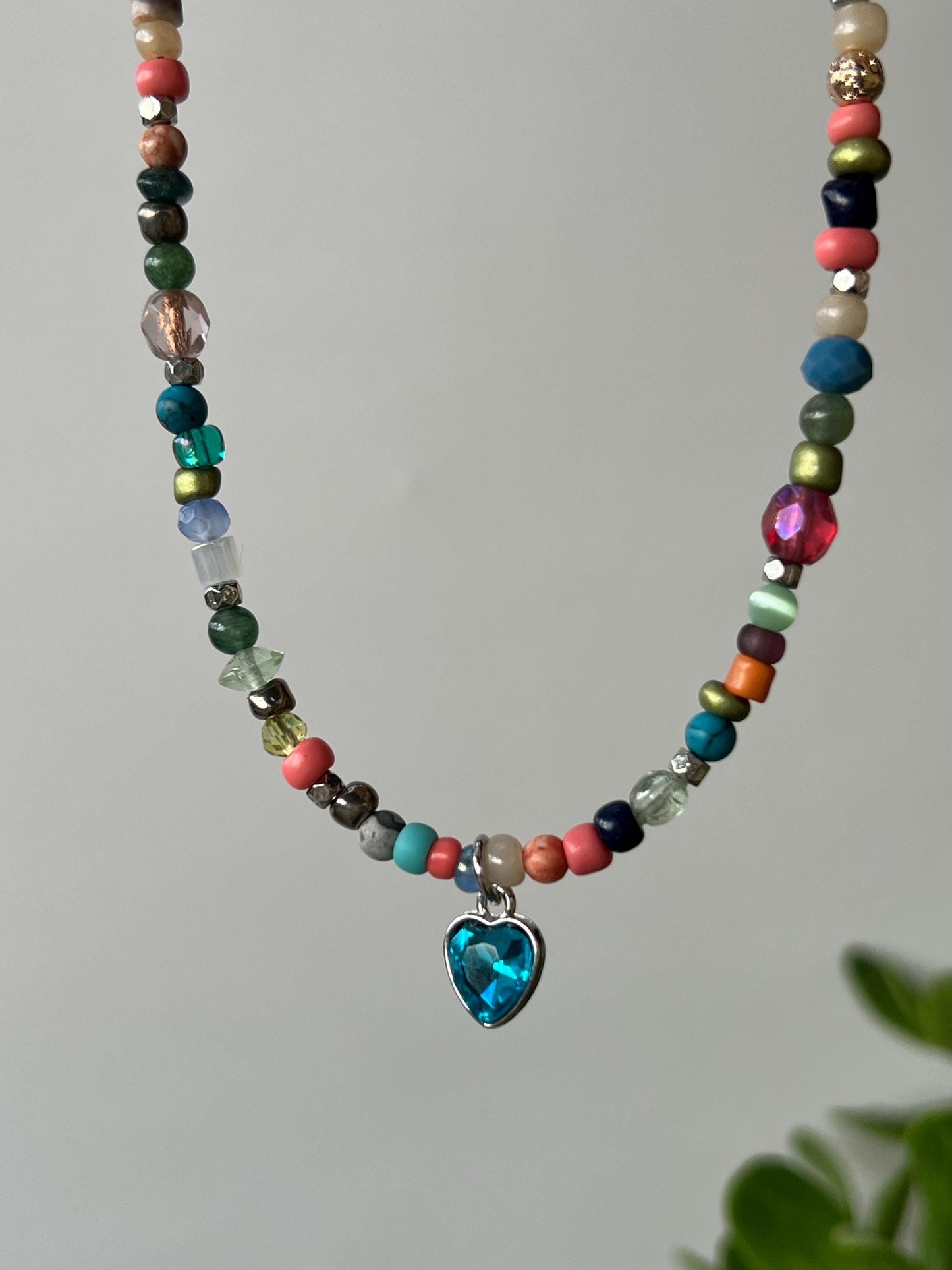Boho Beaded Choker: Sterling Silver Blue Heart Pendant