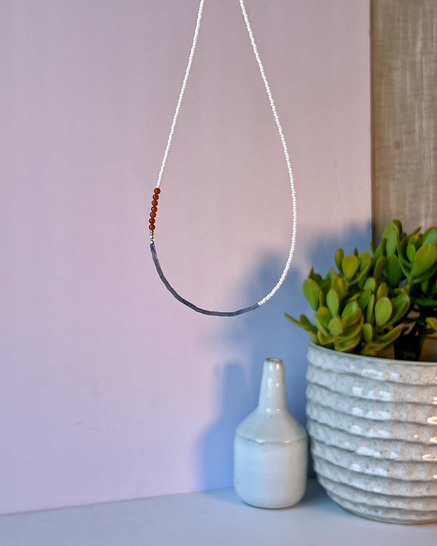 Delicate Gemstone and Seed Bead Choker Sterling Silver Magnetic Closure Necklace Minimalist Boho Style