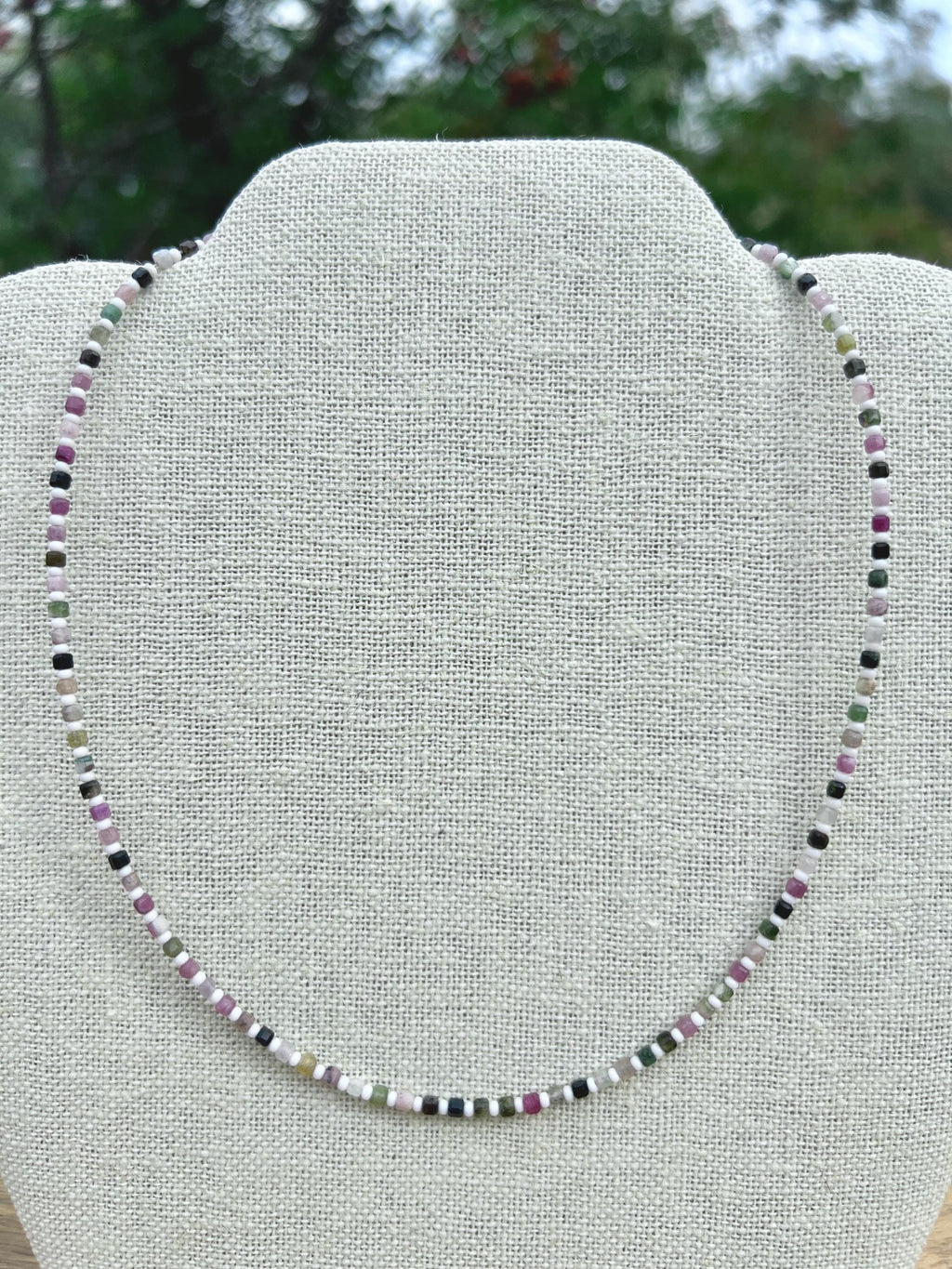 Dainty Tourmaline & Seed Bead Gemstone Necklace, Sterling Silver Magnetic Closure Clasp, Handcrafted Fine Jewelry Gift
