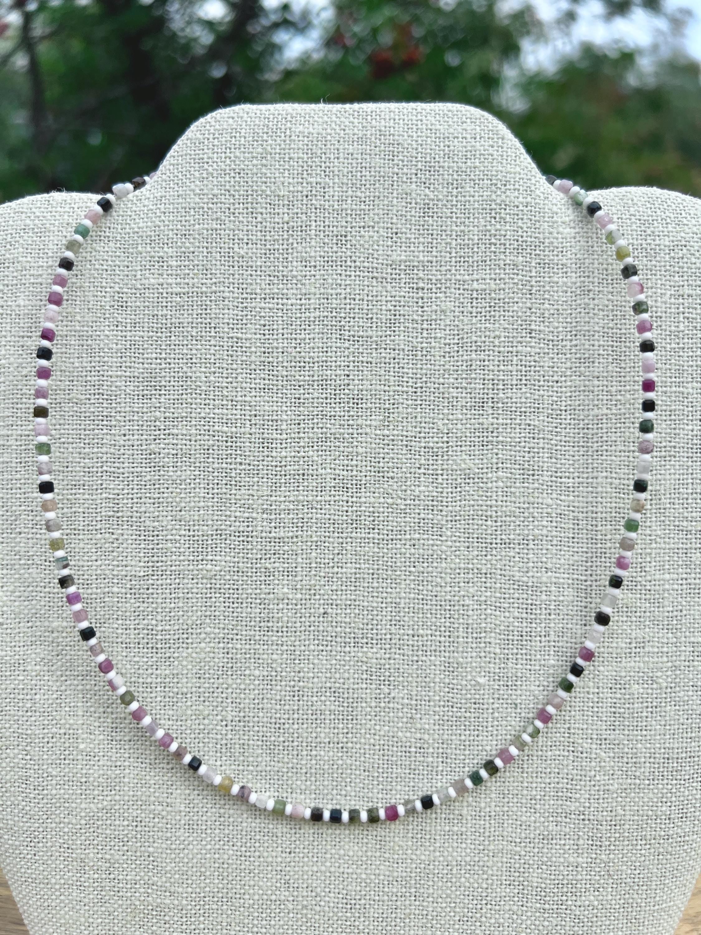 Dainty Tourmaline & Seed Bead Gemstone Necklace, Sterling Silver Magnetic Closure Clasp, Handcrafted Fine Jewelry Gift