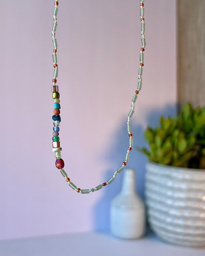 Hand-Knotted Beaded Gemstone Necklace Sterling Silver Magnetic Closure Clasp Minimalist Boho Style Jewelry