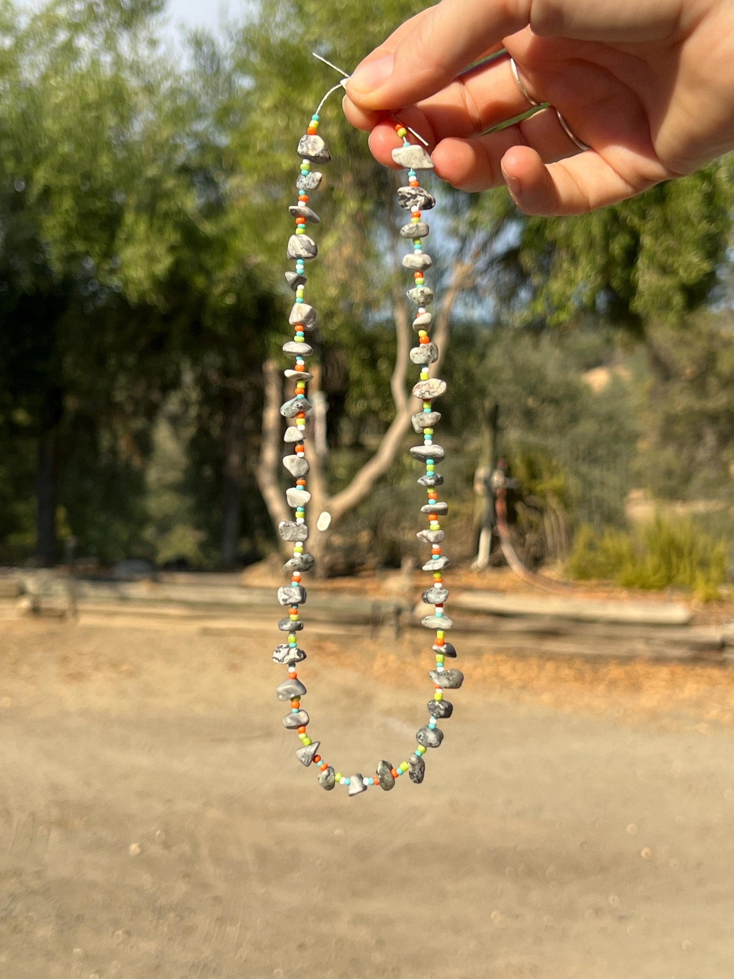 Stone Chip Bead Necklace, Sterling Silver Magnetic Clasp, Eclectic Boho Design