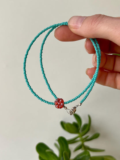 Teal Seed Bead Choker: Sterling Silver Boho Necklace with Red Flower