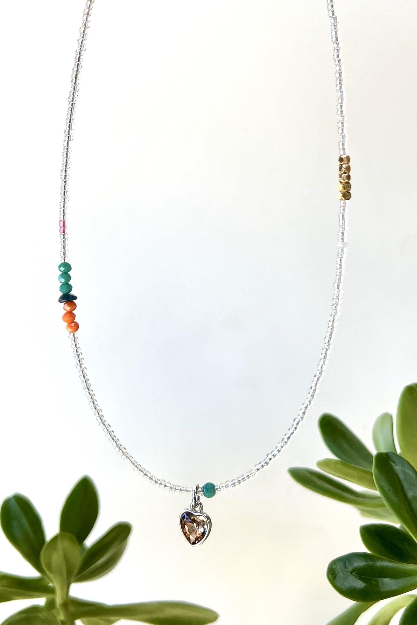 Seed Bead Heart Charm Necklace: Sterling Silver Magnetic Clasp, Boho Jewelry