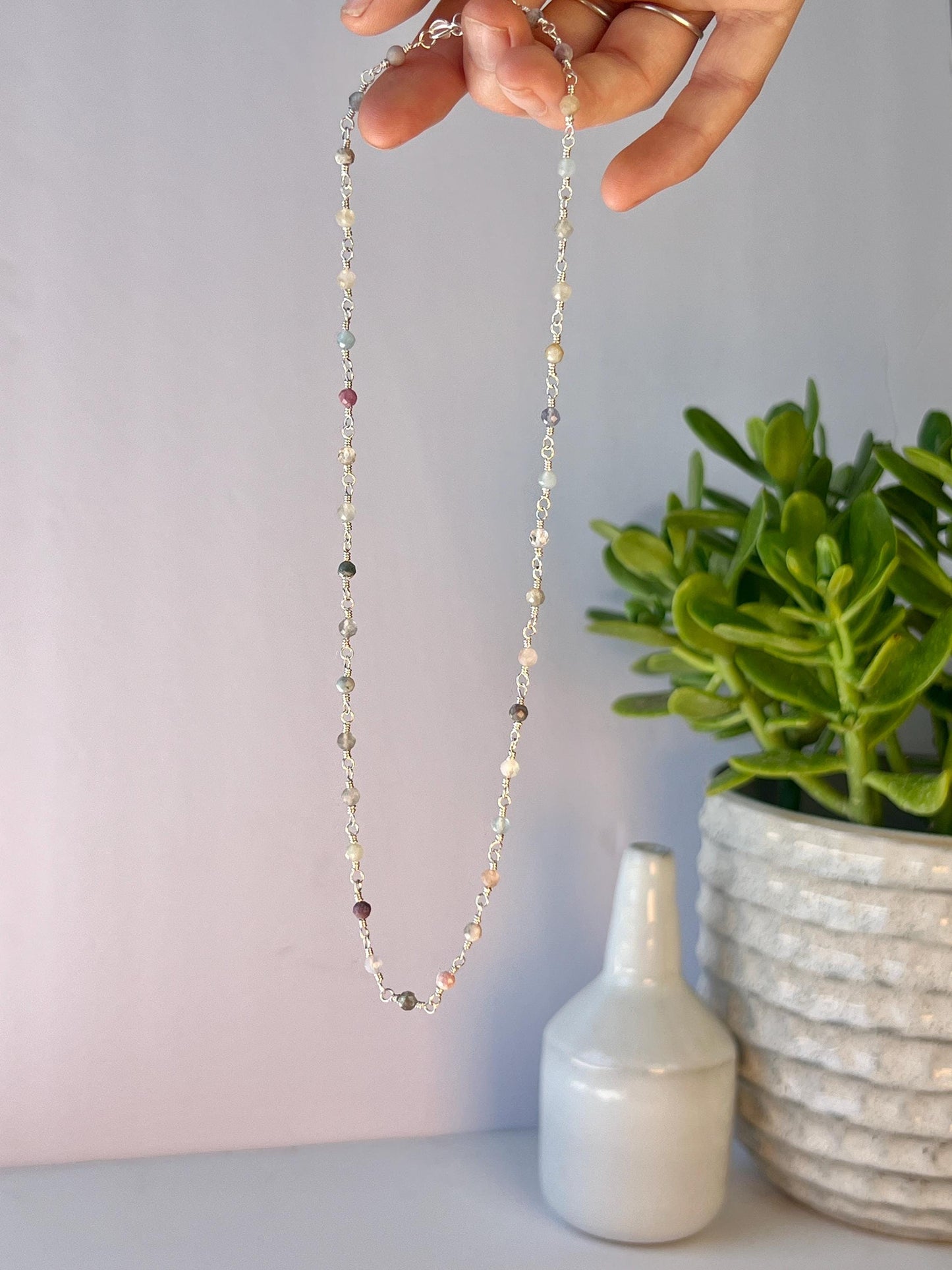 Gemstone & Sterling Silver Link Necklace: Rose Quartz, Jade, Apatite