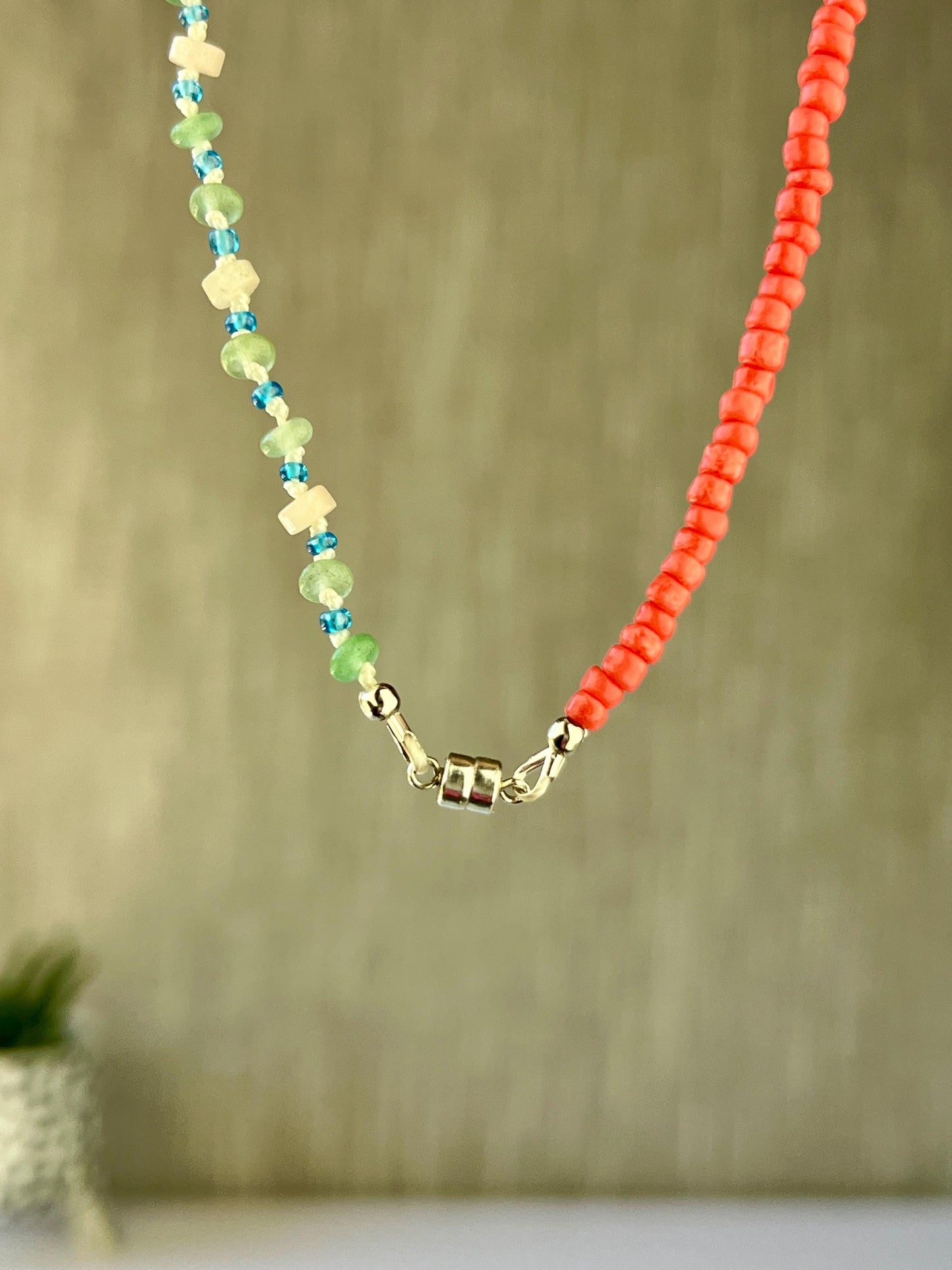 Hand Knotted Beaded Choker Necklace Sterling Silver Magnetic Closure Clasp Minimalist Boho Style Jewelry