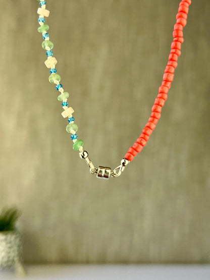 Hand Knotted Beaded Choker Necklace Sterling Silver Magnetic Closure Clasp Minimalist Boho Style Jewelry