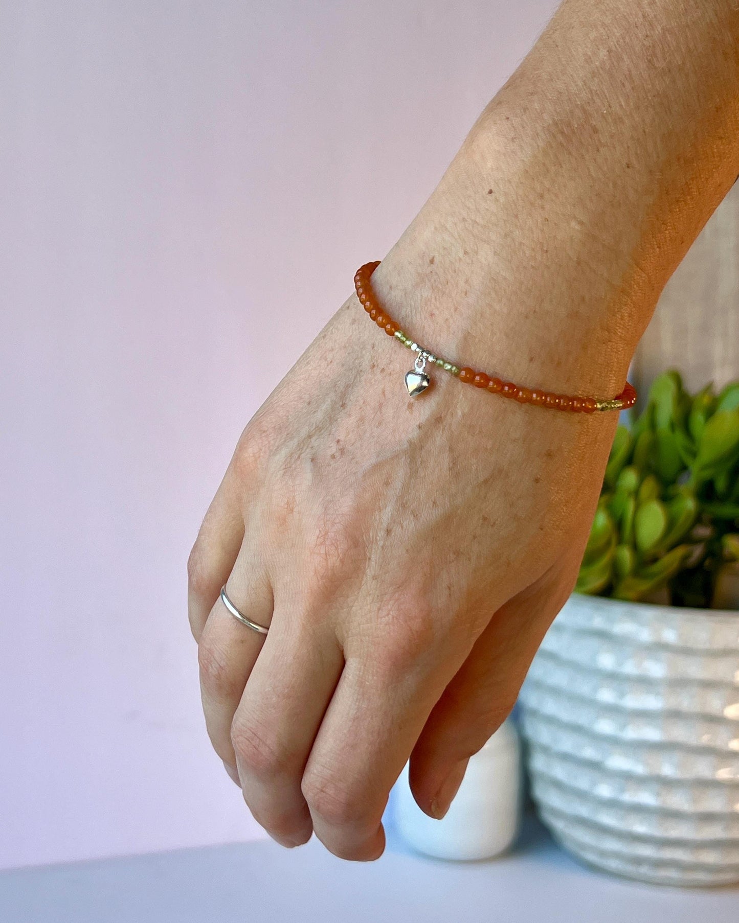 Boho Gemstone Bracelet: Red Aventurine, Green Peridot, Sterling Silver