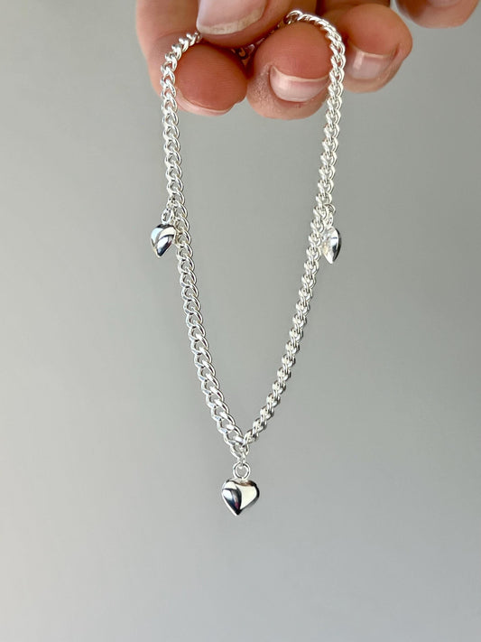 Sterling Silver Heart Charm Bracelet: Minimalist Cuban Curb Chain