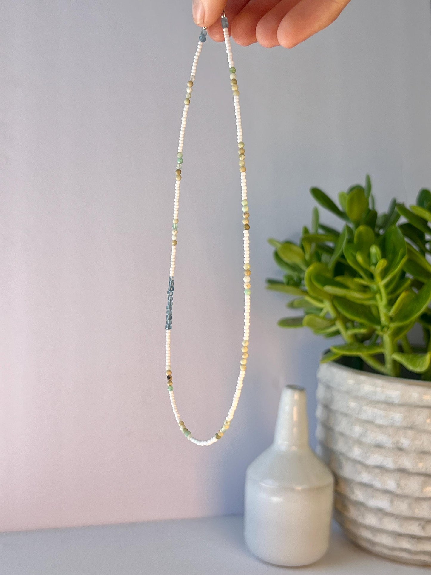 Delicate Gemstone and Seed Bead Choker Sterling Silver Magnetic Closure Necklace Minimalist Boho Style