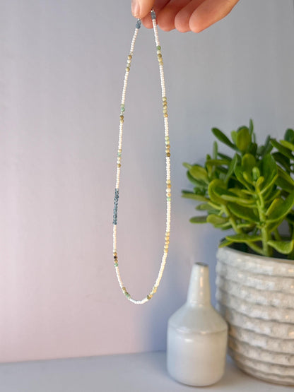 Delicate Gemstone and Seed Bead Choker Sterling Silver Magnetic Closure Necklace Minimalist Boho Style
